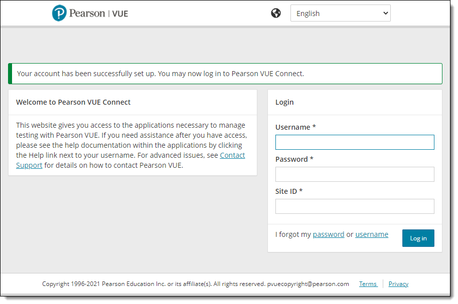 Your account has been successfully set up message on the Connect portal log in page.